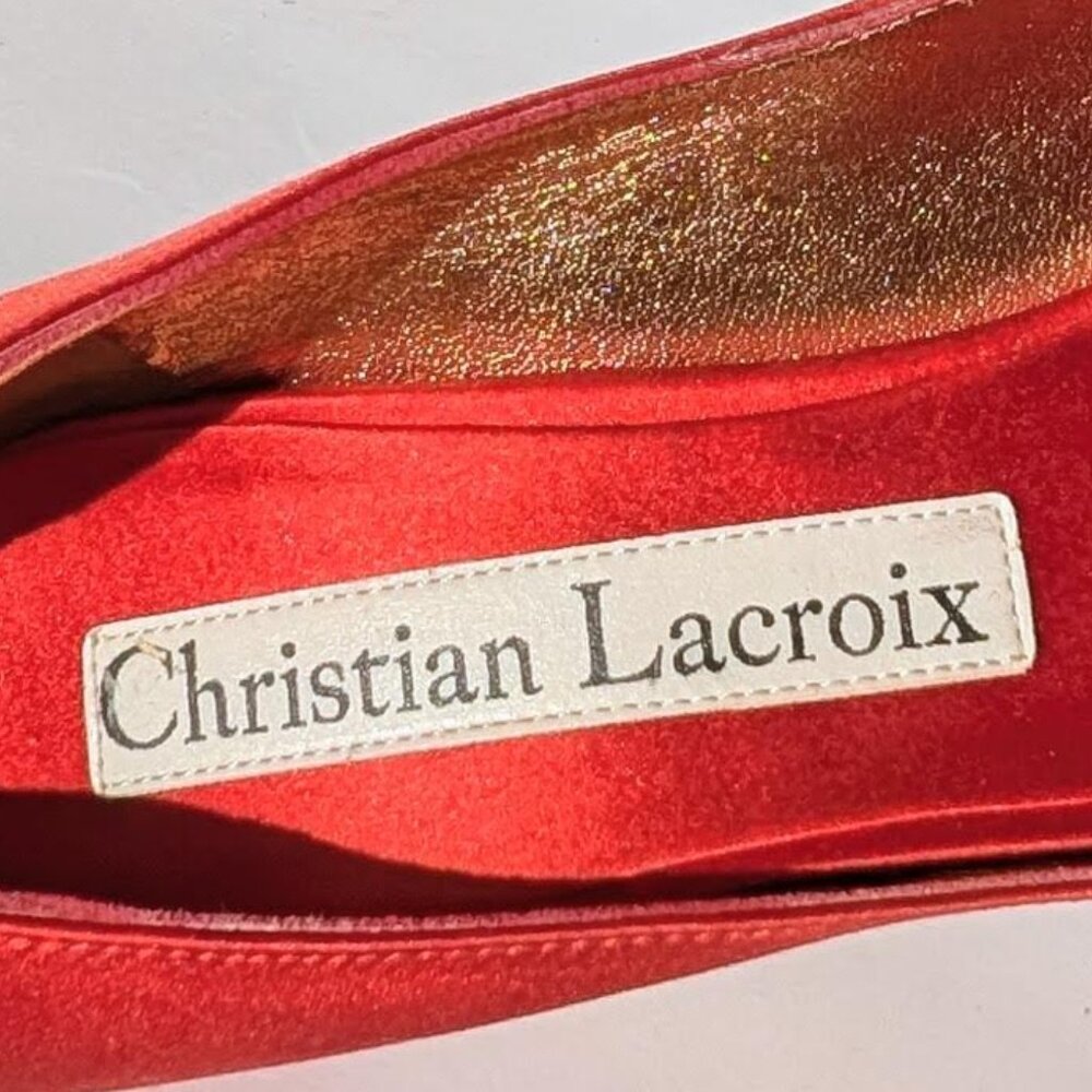 Vintage Christian Lacroix Red Satin Bow Rhinestone Peep Toe Pumps Y2K Designer - Picture 7 of 7